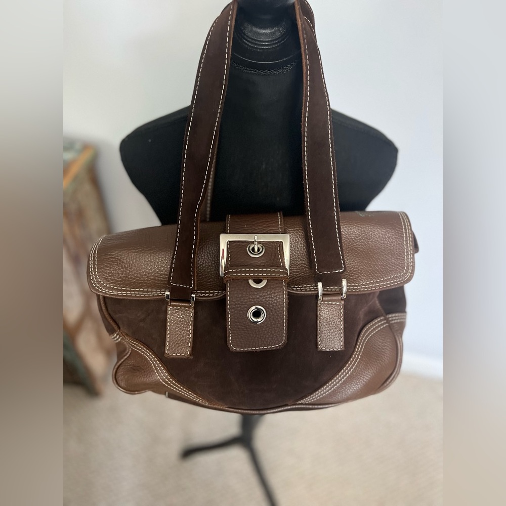 Ombu Brown Suede Leather Shoulder Bag with Buckle Multi Pocket / Storage Bag